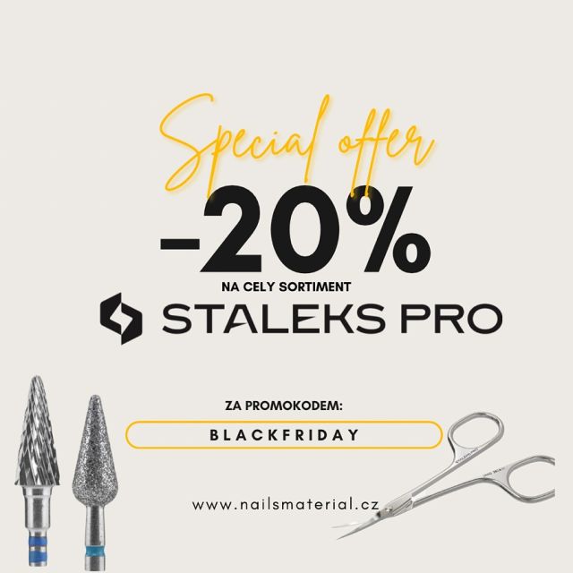 Černý pátek je tady!ð¥ 

Použijte promo kód: BLACKFRIDAY a získejte -20% slevu na všechny produkty značky Staleks, které najdete v našem obchoděð¥

ð Neváhejte, zásoby jsou omezené!

ð Akce platí pouze do 30.11! 

#staleks #nailsmaterials #stalekscz #nehtycz #manikura